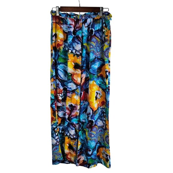 Jams World Medium Watercolor Pattern Rayon Wide-Leg Pants Hawaiian Boho Colorful - Picture 1 of 10